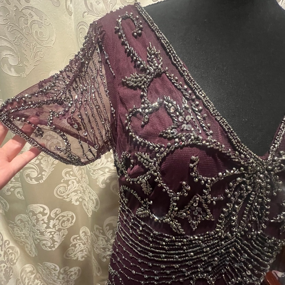 Pisarro Nights Beaded Mesh Gown Plum color Women’s Size 8. NEW - Picture 2 of 11